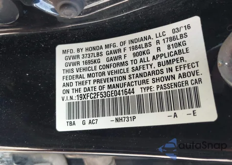 2016 Honda Civic Lx from USA, damaged, VIN 19XFC2F53GE041644